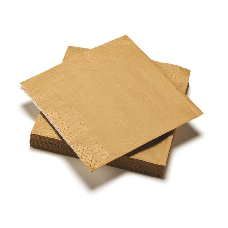 Paquet de 20 serviettes or, 3 plis en ouate 33 x 33 cm à usage unique.