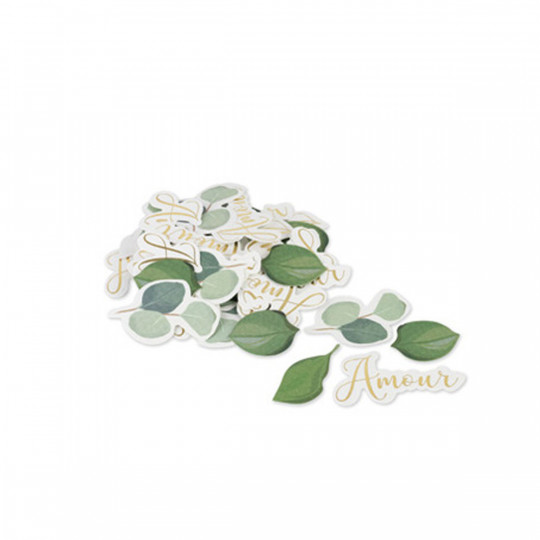 100 confettis Amour et feuilles eucalyptus texture embossée or