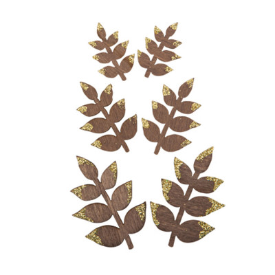 6 confettis feuilles de laurier en bois chocolat & paillettes or