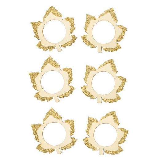 6 Ronds de Serviette Feuilles d'Érables en Bois Naturel et Paillettes Or